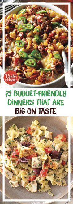 three different dishes with the words 25 budget - friendly dinners that are big on taste