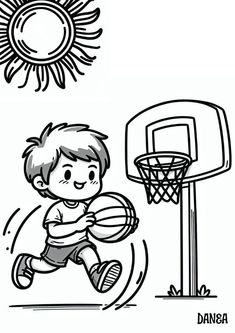 a drawing of a boy playing basketball with the sun in the background and another drawing of a basket