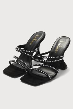 The Lulus Carlotta Black Rhinestone High Heel Slide Sandals are a show-stopping look all on their own! Soft faux suede shapes these glamorous heels that have a trendy square-toe bed, a single sole silhouette, and slender vamp straps adorned with shiny rhinestone details. The unique, sculpted heel is sure to catch everyone's eye! 4" wrapped pyramid heel. Cushioned insole. Felted rubber sole has nonskid markings. Man made materials. Imported. Lulus | Carlotta Black Rhinestone High Heel Slide Sandal Heels | Size 10.