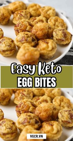 easy keto egg bites on a white plate with text overlay that reads easy keto egg bites