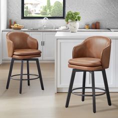 two brown leather bar stools sitting in front of a kitchen counter with an open window