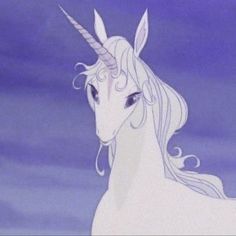 a white unicorn with long hair standing in front of a blue sky