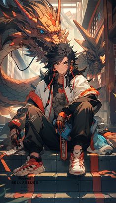 an anime character sitting on the steps with a dragon in his hair and holding a skateboard