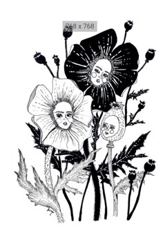 an ink drawing of flowers with skulls in the middle and two heads on each side