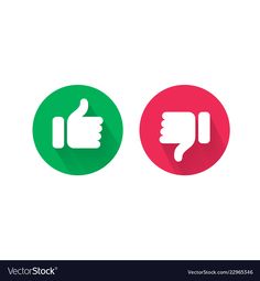 two thumbs up and down icons with long shadow on white background, one is green and the other red