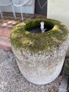 an old cement water fountain with moss growing on it