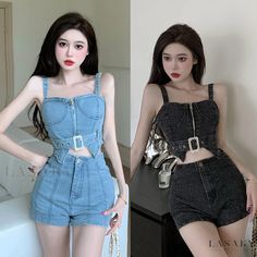 Lasaky - Seductive Denim Crop Top and Shorts Set for Women Denim Blue Jeans For Summer Night Out, Top Vaquero, Denim Tube Top, Denim Bustier, Top And Shorts Set, Denim Crop Top, Denim Chic, Crop Top And Shorts, Bustier Top