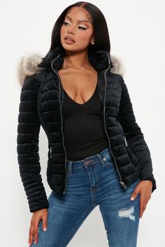 Velvet Puffer Jakcet Hooded Removable Faux Fur Front Zipper Zipper Pockets Silver Hardware Shell: 100% Polyester Lining: 100% Polyester Fur Lining: 100% Polyester Faux Fur: 55% Modacrylic 45% Acrylic Imported | Always Ready Velvet Puffer Jacket in Black size XL by Fashion Nova Puffer Jacket With Fur Hood, Velvet Puffer Jacket, Fur Hoodie Jacket, Camo Puffer Jacket, White Puffer Jacket, Coats Fashion, Jacket With Fur, Cropped Puffer Jacket, Fur Hoodie