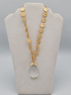 Perfect standout necklace for special occasions! 2 inch chandelier crystal with a lacy gold filigree cap on a delicate and flowery gold filigree chain. Chandelier Crystal, Crystal Pendant Necklace, Lace Caps, Gold Lace, Gold Filigree, Crystal Necklace Pendant, Ribbon Colors, Crystal Pendant, Pendant Necklaces