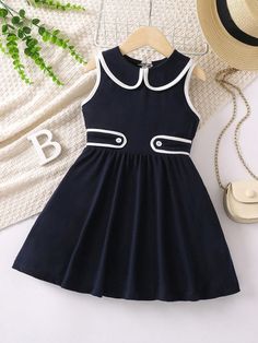 Navy Blue Cute Collar Sleeveless Fabric Plain A Line Embellished Medium Stretch  Young Girls Clothing Sleeveless Summer School Dress, Sleeveless Cotton School Dress, Casual Ruffled Dresses For School, Sleeveless Ruffled Dress For Dress-up, Sleeveless Spring Dress For School, White Sleeveless School Dress, Sleeveless Spring Dresses For School, Navy Sleeveless Dress With Ruffles, Black Sleeveless School Dress