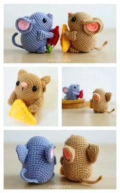 crocheted mouses are shown in four different ways