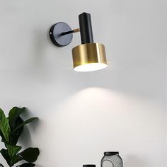 a lamp that is on the wall next to a potted plant and other items