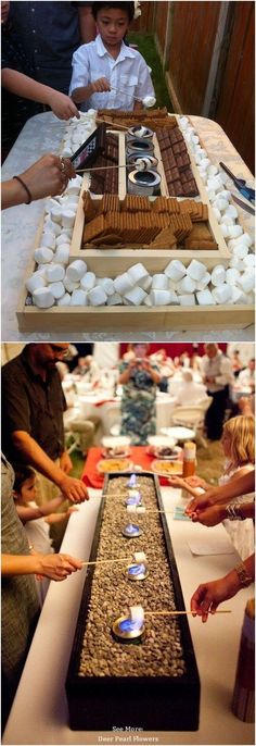 two pictures of people making something out of rocks and stones on a table with candles