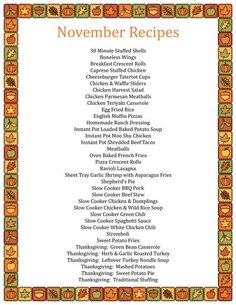 an autumn themed menu with pumpkins and leaves on the border, including words that read november recipes