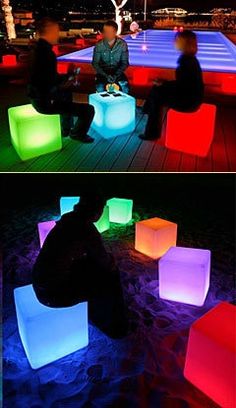 two pictures of people sitting on stools in the dark, one is lit up with colored lights