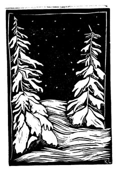 a black and white drawing of trees in the night sky with snow falling on them