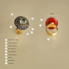 Gold(14K) : 4.23gGemstones : Green Amethyst, Yellow Sapphire, Blue Sapphire, Pink Sapphire, White Sapphire, PeridotGemstone : Red Enamel925 Silver