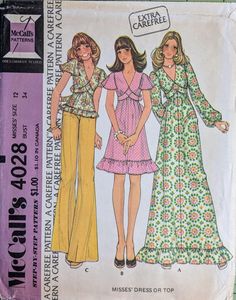 McCall's 4028 Misses' Dress or Top  Size: 12 Bust 34" Condition: Uncut FF  Circa: 1974 This pattern is uncut and unused with factory folds. The envelope has some some creasing and small tears around the edges as well as yellowing. This pattern is stored and will be shipped in a clear acid-free archival quality envelope. Babydoll Dress Pattern, Mccalls Dress, 1970 Fashion, Vintage Clothes Patterns, 1970s Sewing Patterns, Top Sewing, Motif Vintage, Miss Dress, Top Sewing Pattern