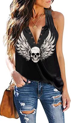 PRICES MAY VARY. Material: Womens tank tops is made of Polyester. The Fabric is very comfortable, soft and breathable. Features：Ring skull Print Country Music Style T-Shirts, sleeveless t-shirt tops for women , summer casual tank tops , punk rock Hip hop t shirts tunic. Occasions: womens Ring skull Print shirt perfect for motorcycle, bicycle, sports, exercise, workout, party, Country Music,club, beach, holiday, or everyday casual daily wear. Pair With：Sleeveless T-Shirt tank tops for women pair Womens Skull Shirts, Cheap Rocker Tops For Summer, Affordable Rocker Style Tops For Concerts, Cheap Short Sleeve Tops For Biker Events, Cheap Summer Rocker Tops, Skull Shirts For Women Tees, Cheap Biker Style Cotton Tops, Skul Shirt, Skull Shirts For Women