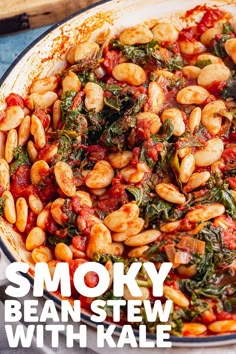 smoky bean stew with kale in a skillet