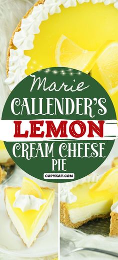 a lemon cream cheese pie on a plate with the title text overlay reads marie calender's lemon cream cheese pie