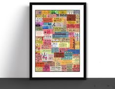 a framed poster with many different types of tickets on it