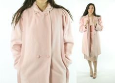 80s Pink Wool Coat Puff Sleeves Long Double Breased Peacoat Trench Winter Vintage 1980s Medium M Sar Pink Wool Coat, Medium Well, Winter Vintage, Lace Short Sleeve Top, Rose Vintage, Boho Festival, Wool Coat, Puff Sleeves, Pale Pink