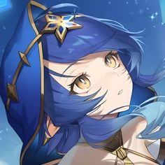 an anime character with blue hair and gold accents on her head, looking up at the sky