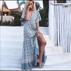 Flowy Boho Printed Maxi Dress Or Wear Open As A Kimono Wooden Button Closures Wide Long Sleeves Lightweight Sheer Cotton Tiered Skirt Care: 97% Cotton/3% Spandex Machine Wash Cold Tumble Dry Low Cool Iron Small: Bust: 18" Length: 47" Sleeve: 13" Med: Bust: 20" Length: 47" Sleeve: 13" Large: Bust 22" Length 47" Sleeve: 13" Exact Pattern Placement May Vary Slightly. Colors May Appear Slightly Different Due To Screen Display Settings And Professional Lighting. Long Boho Dresses, Beach Vacation Clothes, Travel Dresses, Dresses Casual Boho, Maxi Vestidos, Vacation Clothes, Maxi Dress Outfit, Casual Maternity, Bohemian Dresses