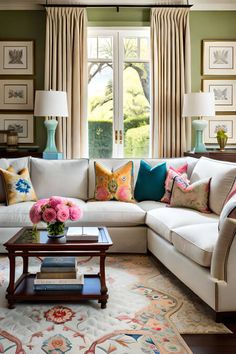 a living room filled with lots of furniture and pillows on top of a rug next to a window