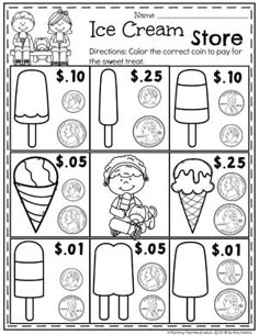 an ice cream store worksheet for kids to learn how to make them money