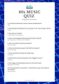 the 80's music quiz is shown in blue and white with an abstract background