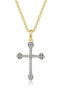 Show your faith with an elegant pavé simulated-diamond cross pendant necklace crafted in sterling silver bonded with platinum and gold. 18" length; 2" extender; 1/2"W x 1"L pendant Total simulated diamond weight: 0.38ct. Sterling silver bonded with platinum and gold/simulated diamond Imported Elegant Cubic Zirconia Cross Pendant Necklace, Elegant Cross Necklace With Adjustable Chain, Formal Cross Pendant Necklace With Pave Setting, Classic Cross Pendant Necklace With Pave Setting, Elegant Cubic Zirconia Cross Necklace With Clavicle Chain, Cubic Zirconia Cross Necklace With Clavicle Chain, Elegant Cross Necklace With Pave Setting, Formal Cubic Zirconia Cross Pendant Necklace, Elegant White Gold Cross Necklace With Adjustable Chain