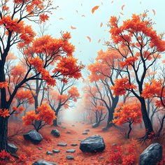 a painting of an autumn scene with rocks and trees