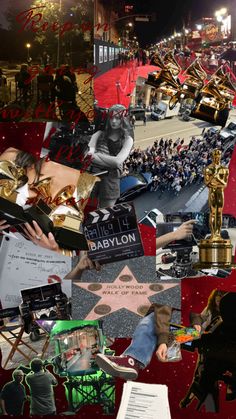 collage of various images including hollywood stars and people in the background with red carpet