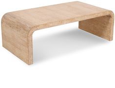 a wooden coffee table sitting on top of a white floor with no one around it