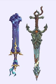 two different types of swords are shown in this image, one is blue and the other is green