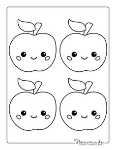 four apples with faces drawn in black and white