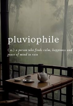 a table with a tea pot on it and the words pluviophile above it