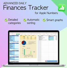 a laptop with the text advanced daily finance tracker for apple numbers