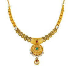 Embrace the rich heritage of Indian craftsmanship with this exquisite 22k antique gold jewelry set by Virani Jewelers. Featuring intricate designs and vibrant gemstones, both the gold necklace and matching earrings is a testament to elegance and refinement. Indulge in the beauty of antique gold and gemstone jewelry and make a statement of sophistication with this stunning gold jewelry set.Features• 22k yellow gold• Emeralds• Kundans• Ruby• Antique finish• Engraved detailsNecklace Specifications: