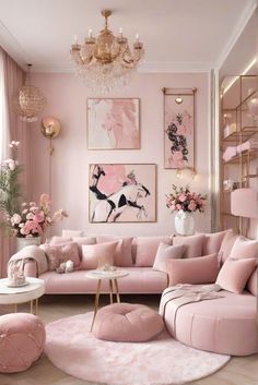 a living room with pink couches, chandelier and pictures on the wall