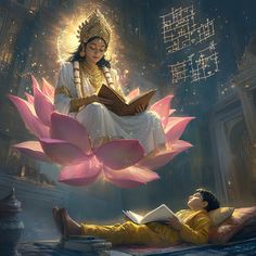 a woman sitting on top of a lotus while reading a book