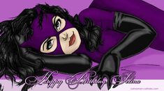 a drawing of a woman wearing a purple outfit and black gloves with the words happy birthday robina on it