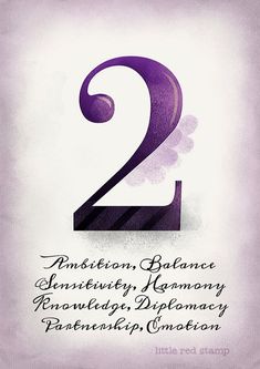 the number two is written in purple and black on a white background with an inscription underneath it