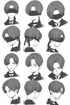 an anime character's head with different hair styles and facial expressions, all in black and