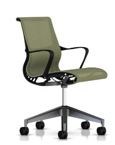 an office chair with wheels on the back and seat upholstered to the side