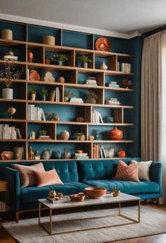 a living room with blue walls and shelves filled with books, vases and other items