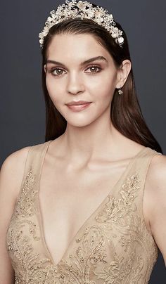 This gold bridal tiara is a must-have hairpiece for any 2019 wedding.  It goes perfectly with the gold wedding dress trend!  #GoldWeddingDress #WeddinngHair #BridalHair #BridalHairPieces #WeddingInspiration Wedding Hair Tips, Gold Bridal Tiara, Bridal Updos, Half Up Wedding, Beautiful Bridal Hair, G Hair, Gold Wedding Dress