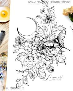 an ink drawing of flowers and butterflies with the moon in the sky above it on a table